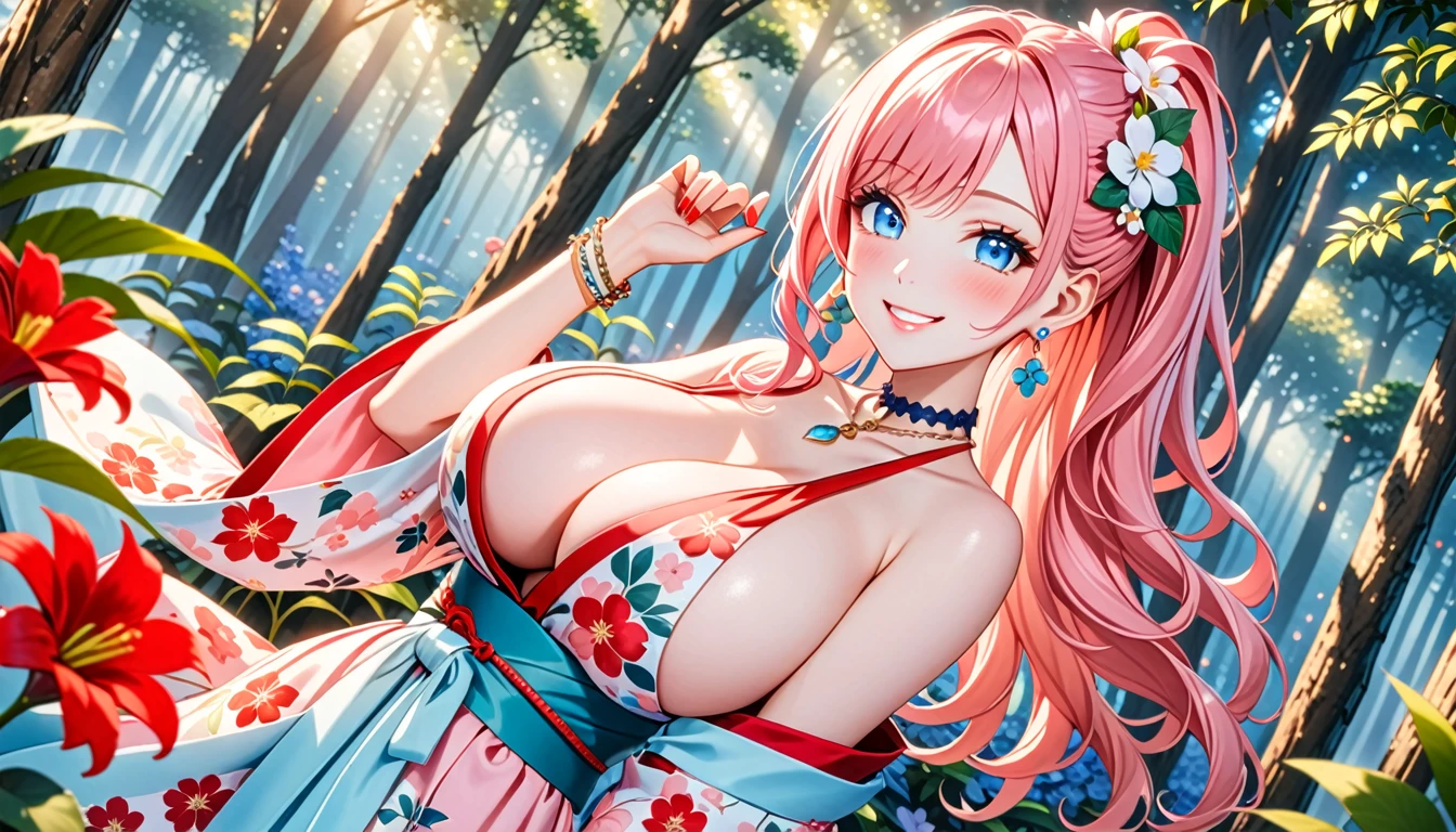 ultra-detailed, ((one girl)), ((portrait)), (pale skin:1.4), in pastel colors gyaru, (heavy makeup), (professional lighting) hyper detailed, absurdres, 8k, Beautiful Face, (Laugh shyly), ((teasing smile:1.8)), ((happy smile:1.2)), ((Wink:1.6)), (Laugh with your mouth wide open),((Tilt your face:1.6)), View your viewers, ((Bright red cheeks:1.6)),Glossy Red Lips, ((huge breasts:1.6)), noon,summer, Green tree々, In the mysterious forest, ((Anime style background)),masterpiece, Highest quality, (Brighten your face), so beautiful,Latest, Complex details, (Pink long nails), (nail art), (ring),(bracelet), (Floral Choker),AI-generated, Complex,High resolution, Highest quality, super high quality,3D Images、3D Images,One person,Pastel pink long hair,(High Ponytail), (wavy hair:1.3), Pastel anime woman posing for a photo, ((Fine grain、blue eyes、glowing eyes:1.4)), (Squint your eyes:1.1),a hyperRealistic , hyperRealistic , Realistic,Anime woman with long pastel pink hair, Smooth anime CG art, (A girl in a gorgeous pastel-colored kimono), ((Pastel-colored furisode)),(Pink large floral pattern), (sideboob), Long flower hair ornament,Floral Earrings, Mature Body, tall,Narrow waist, Shooting from an angle, ((dutch angle)),