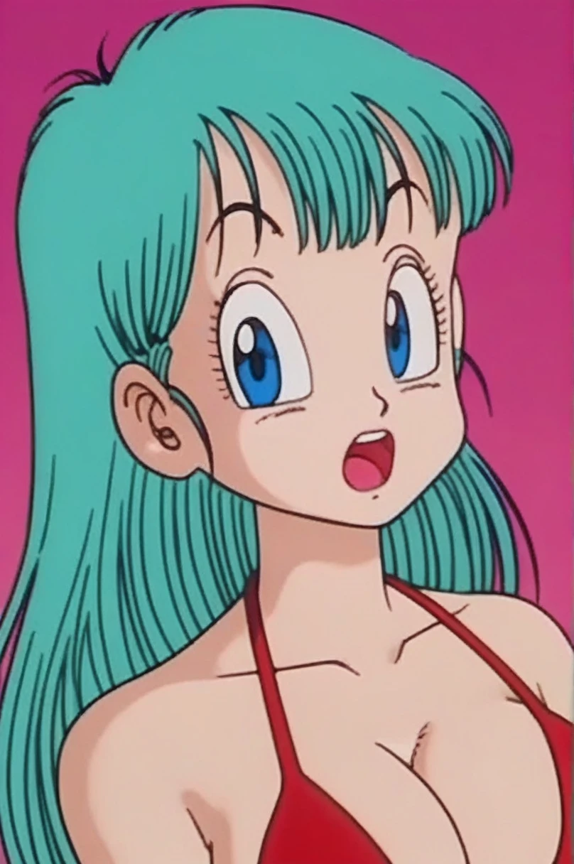 source_anime, score_9, score_8_up, score_7_up, anime screencap, 
bulma \(dragonball\), 1girl, solo, very long hair, looking at viewer, bangs, low eyelids, red bikini, standing, upper body, moaning, horny facial expression, slutty, sexy, aqua hair, collarbone, arms by side, big breasts,