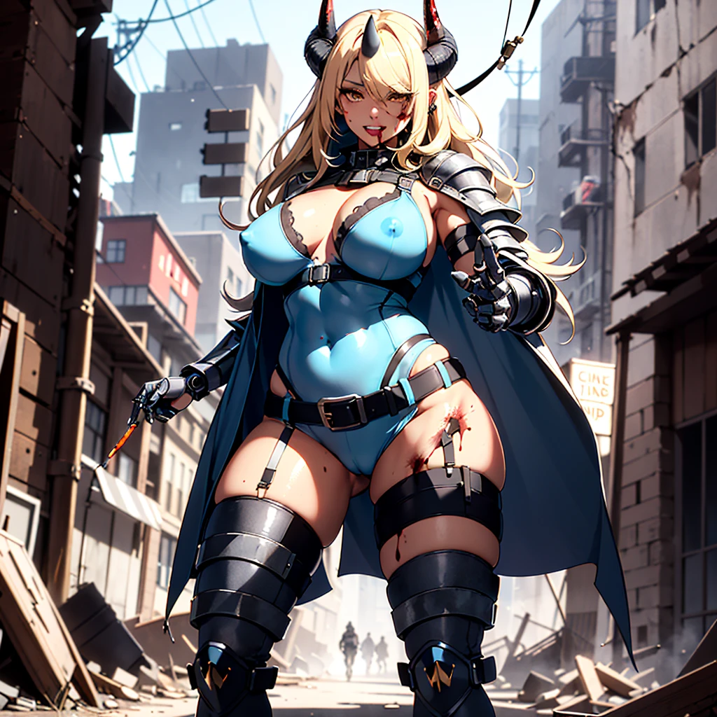 ((best quality)), ((masterpiece)), (detailed), 1girl, 8k_wallpaper, extremely detailed eyes, extremely detailed body, (large masterpiece digital art), ((perfect anatomy huge chest)), (intricate details:1.3 ), (ultra-detailed:1.3), (sharp focus:1.3), (natural lighting:1.05), (vivid colors:1.3), (best quality:1.4), high quality, expressive eyes, full body, tall girl, detailed face, beautiful face, perfect face, ((blonde hair)), (gold eyes), ((large blue horns)), {{dark skin}}, ({dark skinned female}), gigantic breasts, thick thighs, strong arm and leg muscles, strong abdominal muscles, large nipples sticking out from under the fabric with piercings, nipple piercings, belly piercings, bit a smoking cigar with her teeth, steel heavy powerful cybermechanical armor covering her body, a blue open coat draped over the heavy armor, a wide steel belt with grenades and a military space radio, steel heavy silver pants and steel boots, she is dirty and covered in blood walking on a winter evening along a path through a war-torn city, looking at the destroyed houses against the background of a dense forest in the distance and high mountains,