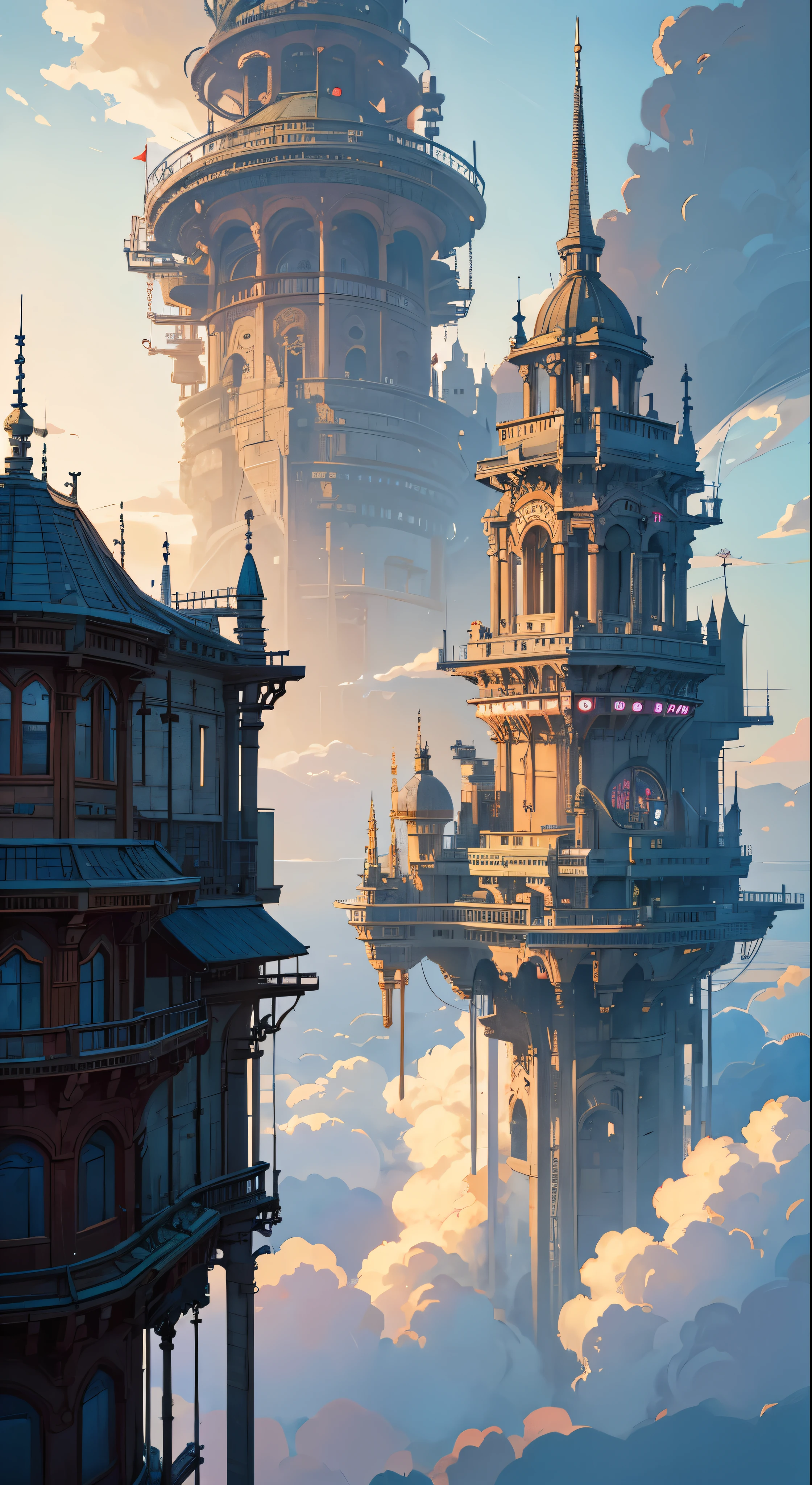 super detail, high details, high quality, 8k, Miyazaki style, a steampunk-style city floating in the sky, clouds and diverse architecture, exuding mystery and technology --v 6
