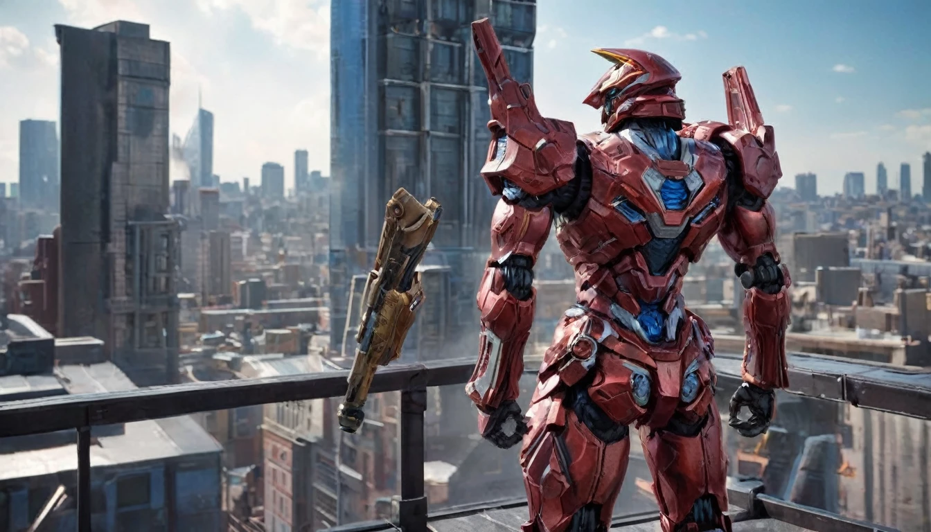 A super a high-tech biotech battle suit, standing on a rooftop, looking over the city, Japanese tokusatsu and American comic style, biometallic texture of the suit, sleek and shiny, dynamic, fast, natural light, cinematic, high quality, high resolution, high detail, sophisticated design, dramatic, high definition, ultra-detailed, ultra-fine painting, extremely delicate, creativity, Natural light, cinematic lighting, best shadow, masterpiece-anatomy-perfect