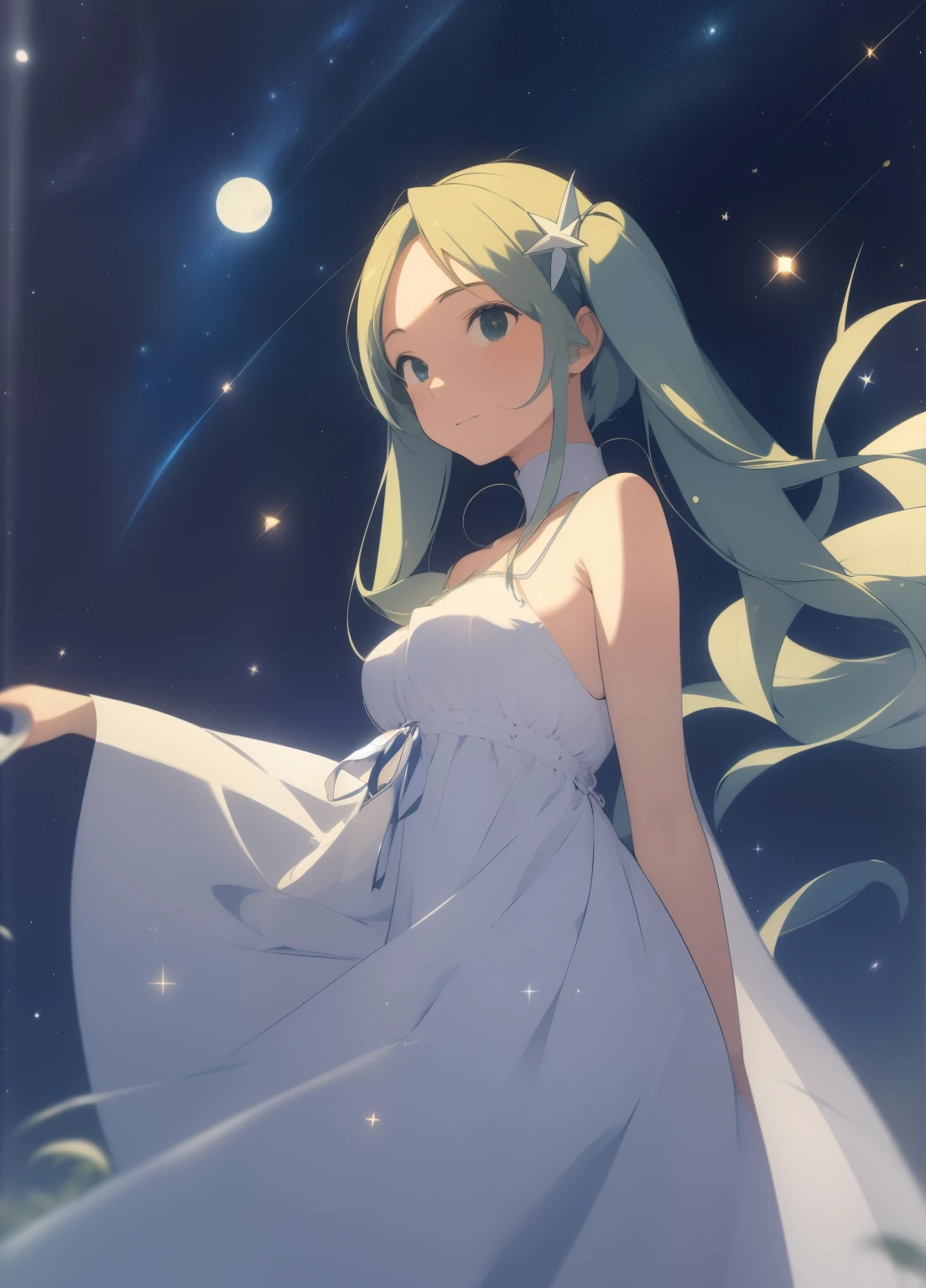 (masterpiece、Highest quality、Highest quality、Official Art、Beautiful and beautiful:1.2)、(One girl:1.3)Hatsune Miku、Twin tails,Beautiful breasts,Starry Sky、milky way、Tanabata、Orihime、Altair、Deneb、altair、Vega、Summer Great Triangle、Looking up at the night sky、grassland、shooting star、Bamboo leaf、Wish on a strip of paper、Night sky full of sky、Front angle