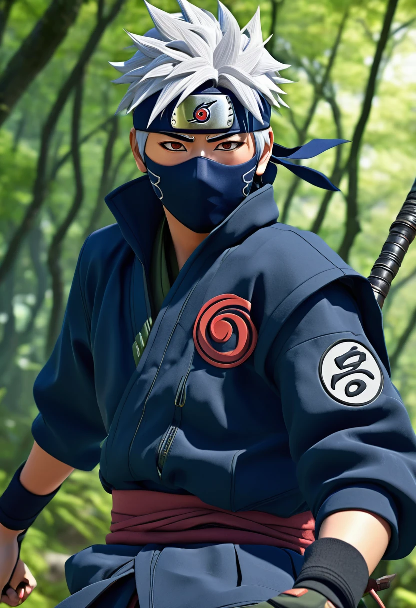 Kakashi Hatake dressed in his traditional outfit, detailed facial features, expressive eyes and lips, strong and confident expression, spiky silver hair, wearing his dark blue mask covering the lower half of his face, forehead protector with the Konoha symbol tilted to the side covering his left eye, dark blue outfit with flak jacket, sandals, dynamic action pose, running in a forest, leaping across tree branches, kunai in hand, energetic atmosphere, comic book style, cell shading effect, vibrant colors, contrasting dark blue and green tones, dramatic lighting (best quality, highres), emphasis on shadows and highlights, crisp details and textures, HD rendering, perfectly rendered muscles and clothing, meticulously drawn facial expressions, particular emphasis on his unique Sharingan eye in the left eye, with its distinct red color and tomoe pattern, and his normal right eye, creating a mysterious and powerful appearance.
