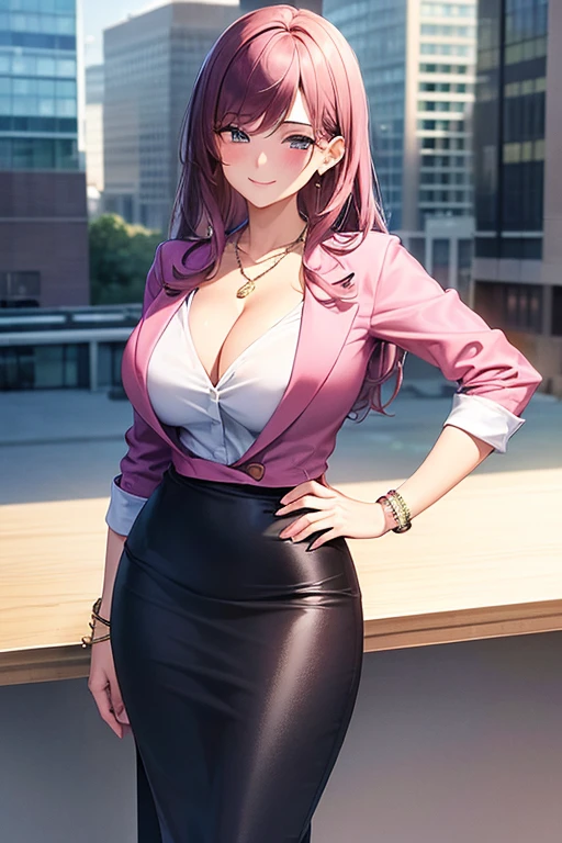 ((masterpiece, best quality, ultra-detailed)), 1girl, beautiful business woman in office building, smiling, blush, wearing pink blouse and blazer, bracelet, necklace, black midi pencil skirt, black suit skirt, heels, full body, purple hair, hand on hip, office building, office desk, window