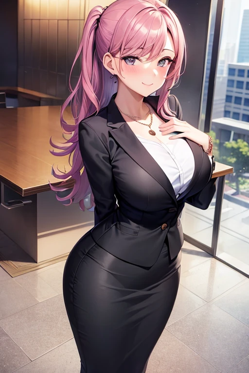 ((masterpiece, best quality, ultra-detailed)), 1girl, beautiful business woman in office building, smiling, blush, wearing pink blouse and blazer, bracelet, necklace, black midi pencil skirt, black suit skirt, heels, full body, purple hair, hand on hip, office building, office desk, window