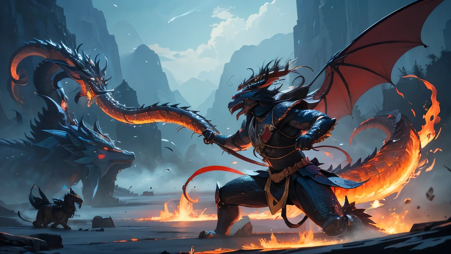 A dragon, a mythical creature from Chinese mythology, fights against a qutzalcoatl, a mythical creature from Aztec mythology. The two fight with their best weapons, fire, liquids and crystals to fan a cloud of swirling mist and their scales shine with iridescent tones.

