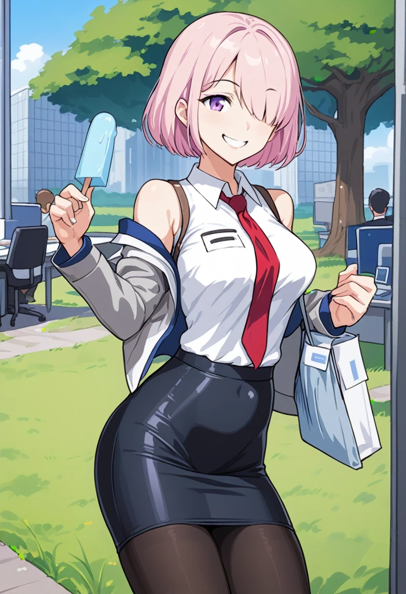 1 woman, Short hair, pink hair, purple eyes, hair above one eye, black shirt, white collar, red tie, Two-tone jacket, white jacket, gray sleeves, long sleeves, skirt, pantyhose, outdoors, seat, park, off shoulder, bare shoulders, popsicle score_9, score_8_consolation, score_7_consolation, score_6_consolation, score_5_consolation, score_4_consolation, BREAK Source_japanese cartoon movies, ((masterpiece,꽉끼는 skirt)), A beautiful smile, office job,((tight skirt)),