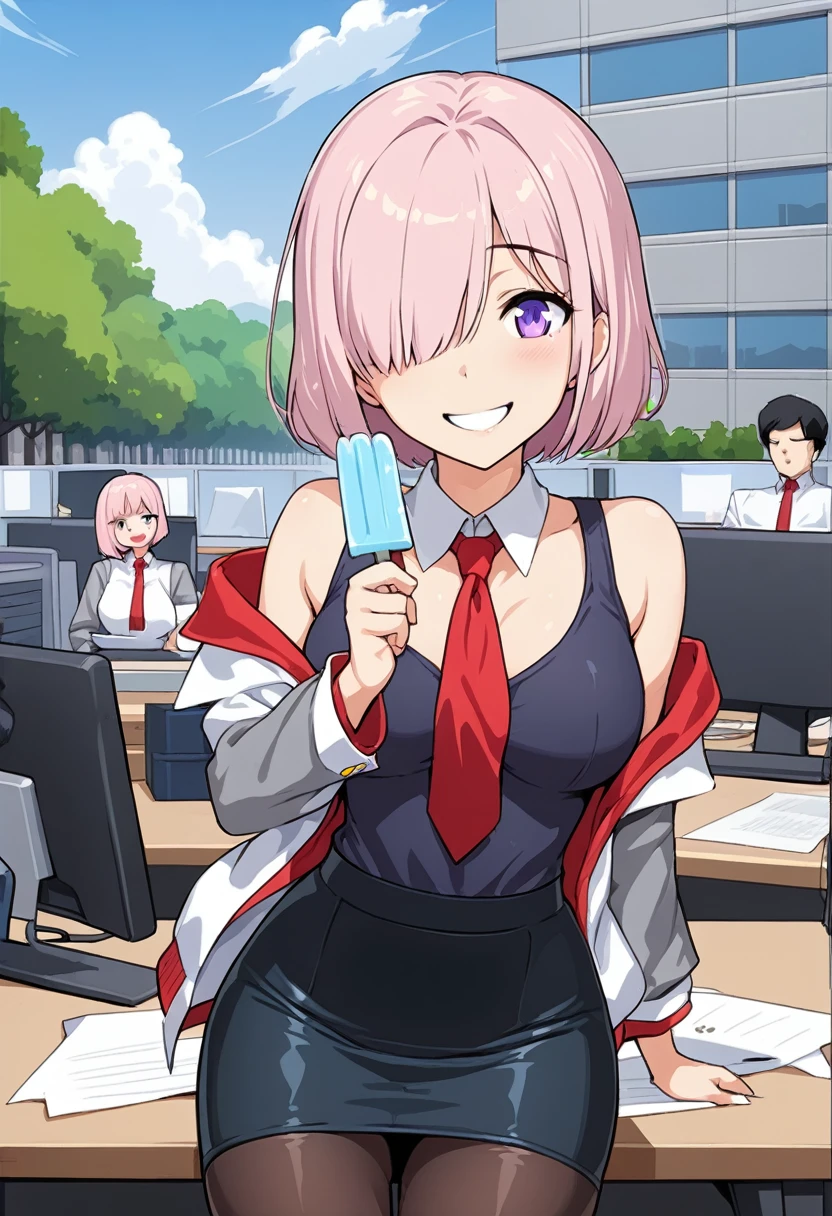 1 woman, Short hair, pink hair, purple eyes, hair above one eye, black shirt, white collar, red tie, Two-tone jacket, white jacket, gray sleeves, long sleeves, skirt, pantyhose, outdoors, seat, park, off shoulder, bare shoulders, popsicle score_9, score_8_consolation, score_7_consolation, score_6_consolation, score_5_consolation, score_4_consolation, BREAK Source_japanese cartoon movies, ((masterpiece,꽉끼는 skirt)), A beautiful smile, office job,((tight skirt)),