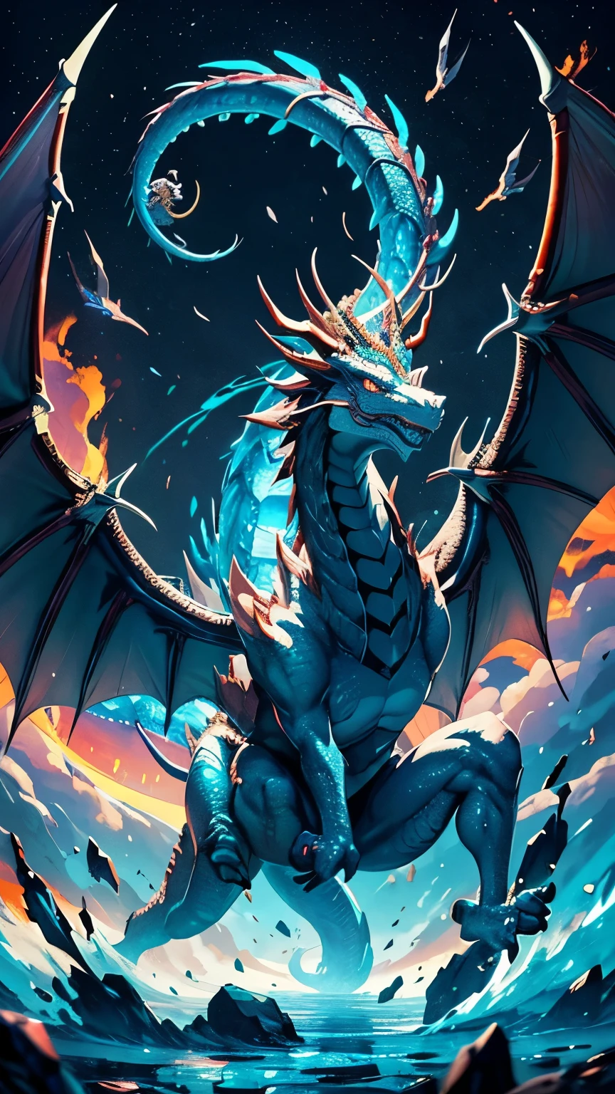A dragon, a mythical creature from Chinese mythology, fights against a qutzalcoatl, a mythical creature from Aztec mythology. The two fight with their best weapons, fire, liquids and crystals to fan a cloud of swirling mist and their scales shine with iridescent tones.