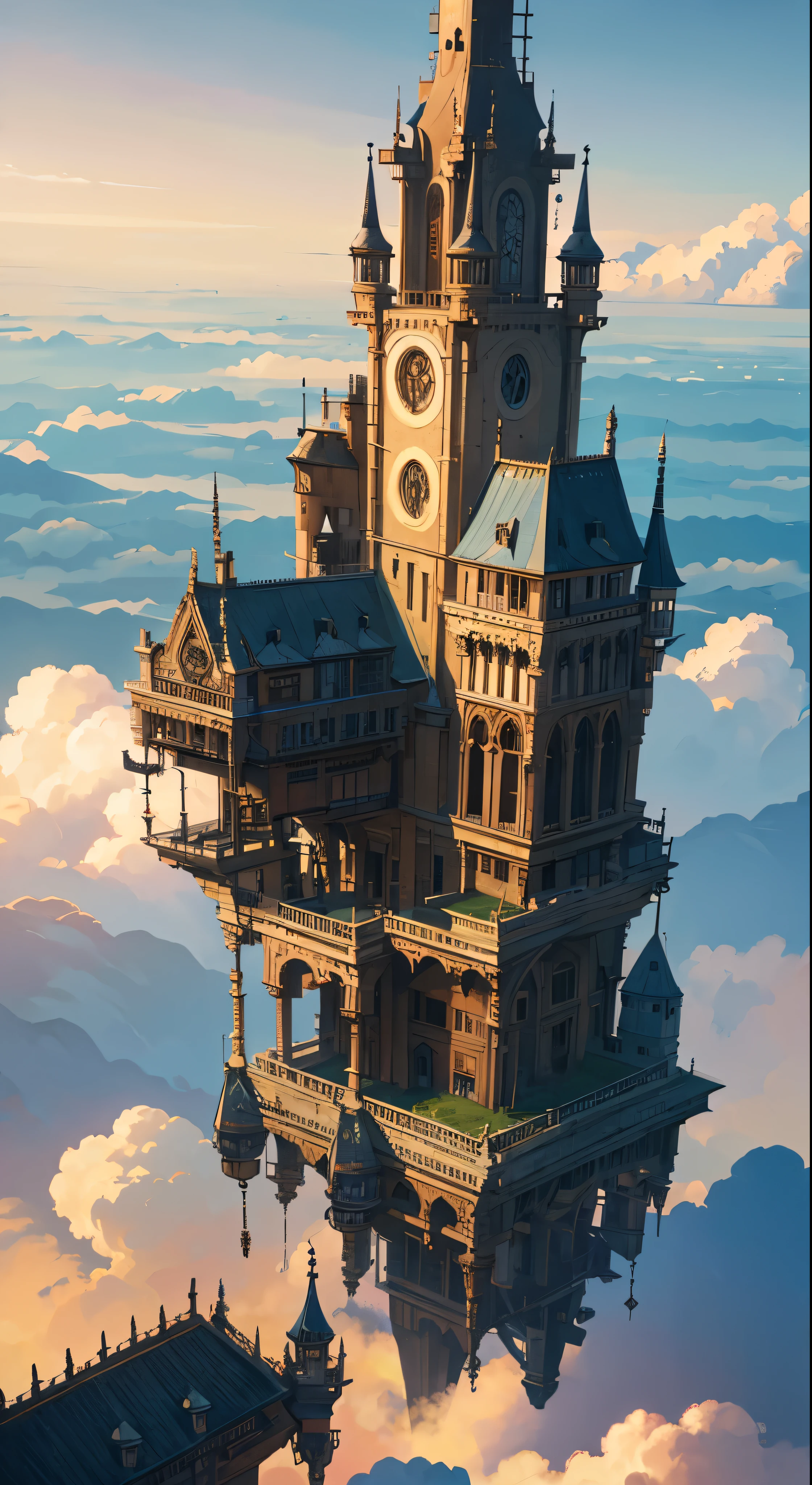super detail, high details, high quality, 8k, Miyazaki style, a steampunk-style city floating in the sky, clouds and diverse architecture, exuding mystery and technology --v 6