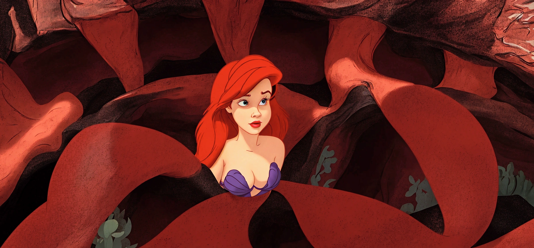 there is a cartoon girl with red hair in a red and black striped room, princess ariel, ariel the little mermaid, little mermaid, the little mermaid, little mermaid magical kingdom, sitting in her throne underwater, jessica rabbit, megara, photorealistic disney, emma watson as jessica rabbit, ariana grande as a mermaid, female disney villain, disney render, by disney