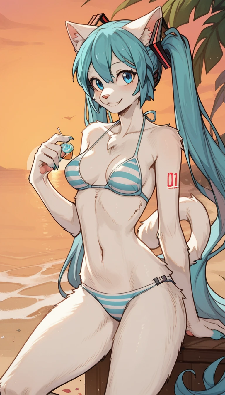 smile, 1girl, anthro, furry, fur, fluffy fur, Hatsune Miku, white fur, white body, cat girl, {(blue bikini), (striped bikini bra), (striped bikini panties), blue eyes, (19 years), medium breast, thicc thighs, solo, (beach), (sunset), detailed, score_9, score_8_up, score_7_up, score_6_up, score_5_up, score_4_up