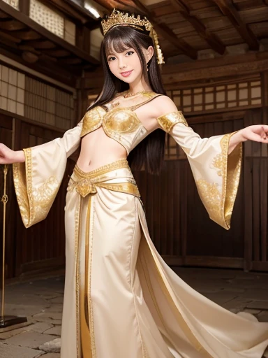 Japanese female, a lot of details, (underweight), 30 years old, detailed black hair, beautiful detailed hair, super fucking beautiful, delicate beautiful face, complex details beautiful and delicate eyes, perfect hands, (flat chest best quality:1.5), perfect and delicate limbs, detailed skin, best quality, ultra-detailed,(cheerful grin:1.5),
ancient ruins, semi long, (ancient queen's gold luxurious costume), japanese, full body shot, from below