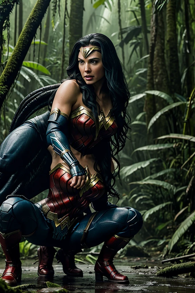 Venom facing each other poses standing holding Wonder Woman's head in a squatting pose with just the hair, Venom with a slight push towards his stomach, rainforest background, realism, cinematic