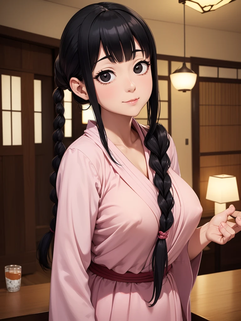 1 middle-aged woman,dimly lit waitress,Posing,Cute,upward-eyed,large Braided hair,Black hair,Black eyes,from the front side,Indoors,masuterpiece, extremely fine and beautiful,Japanese,(huge chest:1.3),Junji Ito's painting, huge tits, nude, Twin tails