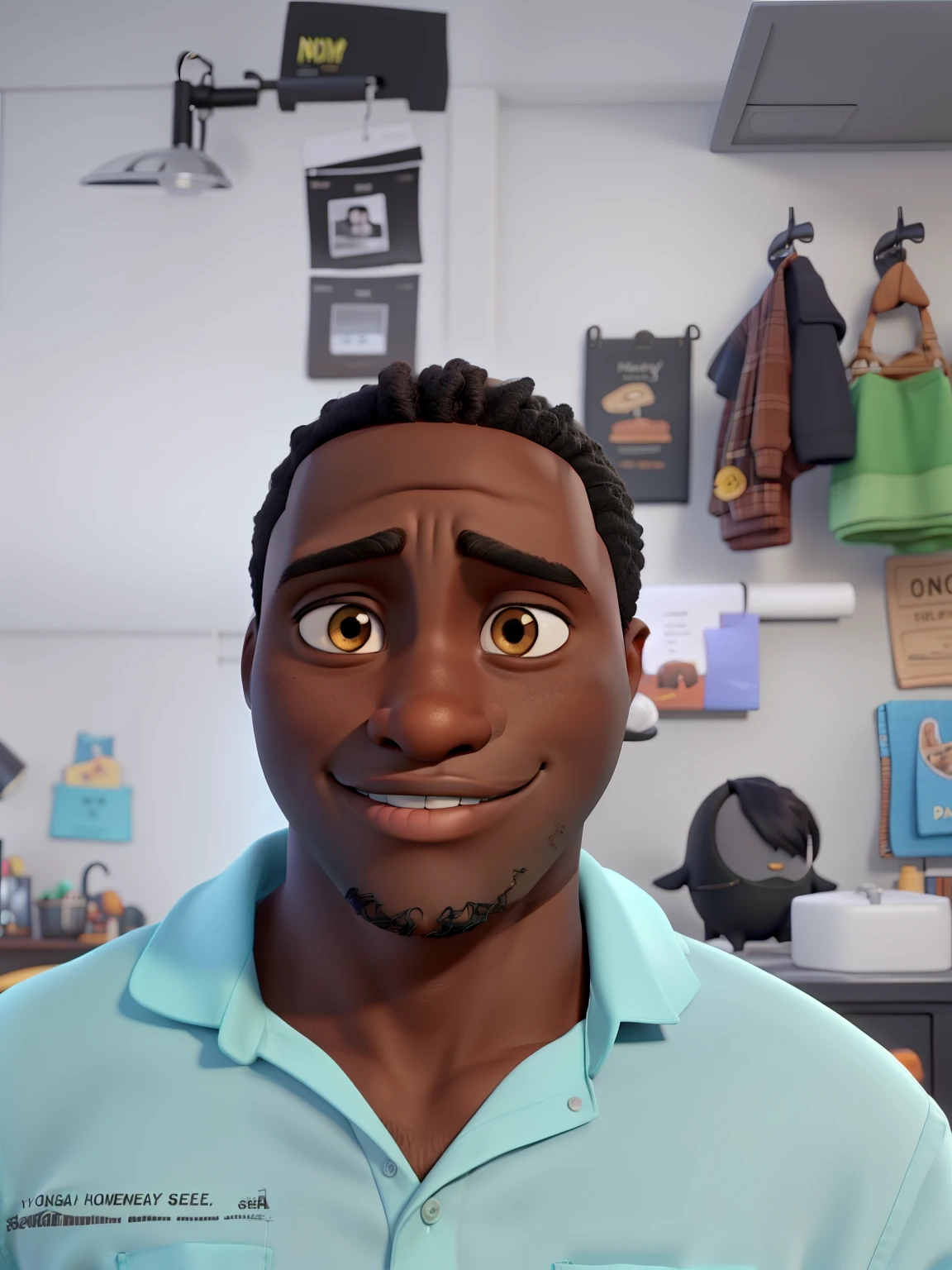 a dark skinned black man, and your shirt says NHONGA, high quality pixar style