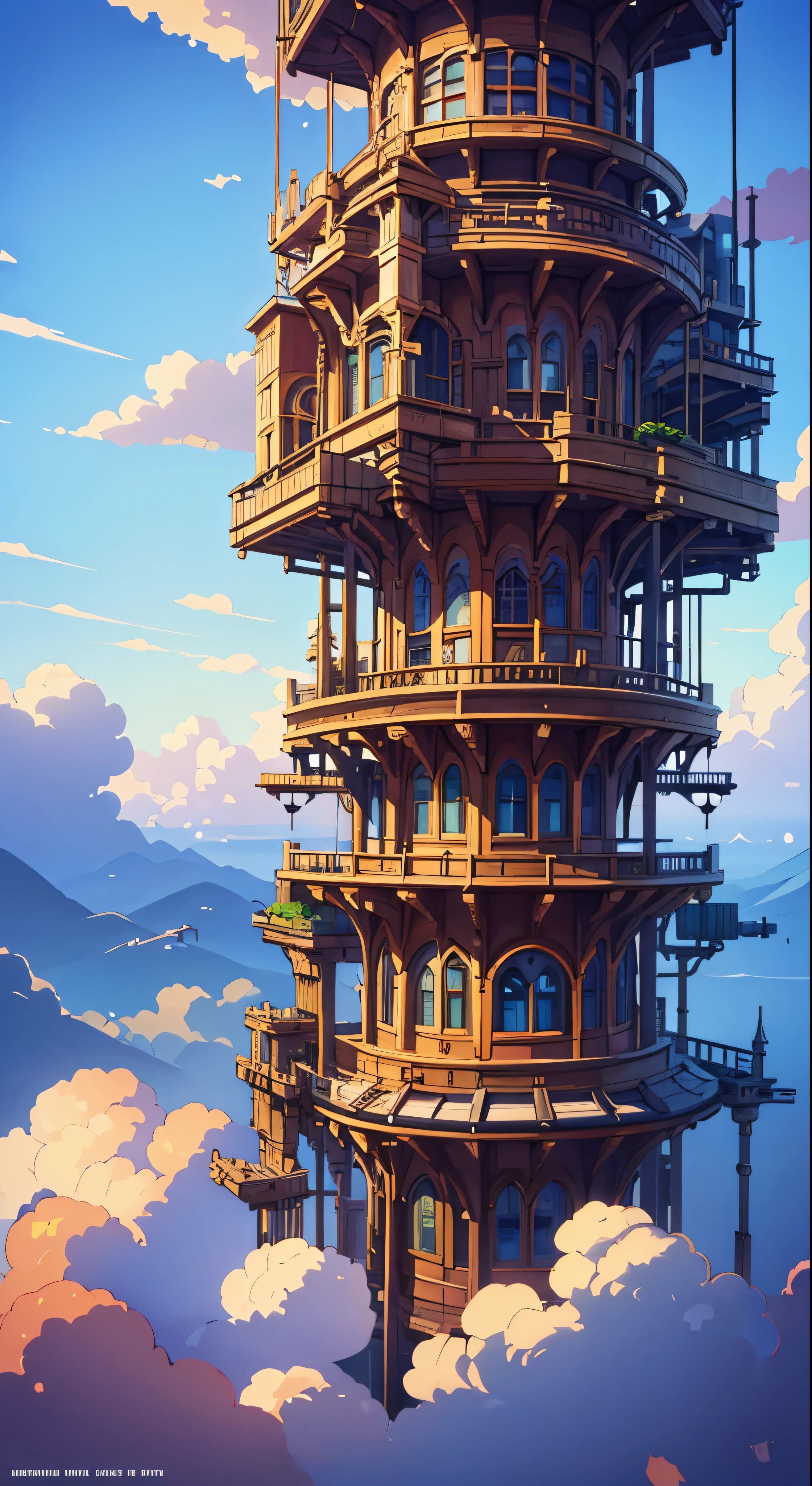 super detail, high details, high quality, 8k, Miyazaki style, a steampunk-style city floating in the sky, clouds and diverse architecture, exuding mystery and technology --v 6