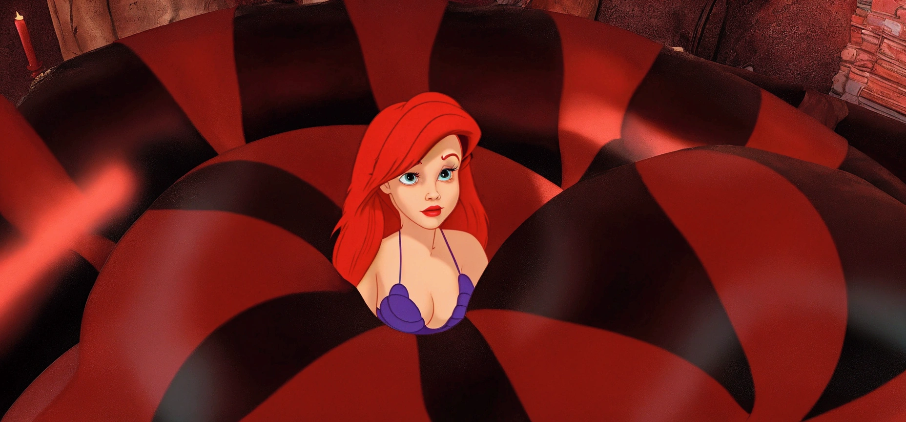 there is a cartoon girl with red hair in a red and black striped room, princess ariel, ariel the little mermaid, little mermaid, the little mermaid, little mermaid magical kingdom, sitting in her throne underwater, jessica rabbit, megara, photorealistic disney, emma watson as jessica rabbit, ariana grande as a mermaid, female disney villain, disney render, by disney