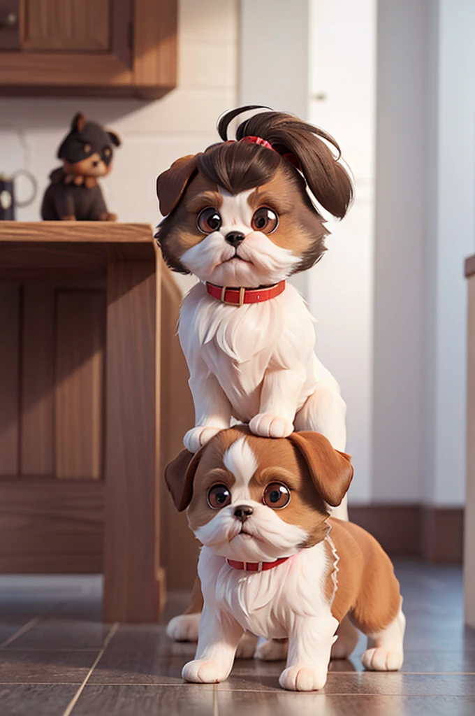 The dog is a Shih Tzu breed, with long, soft fur.
Her eyes are big and dark, and he has a small brown patch around his eyes and ears.