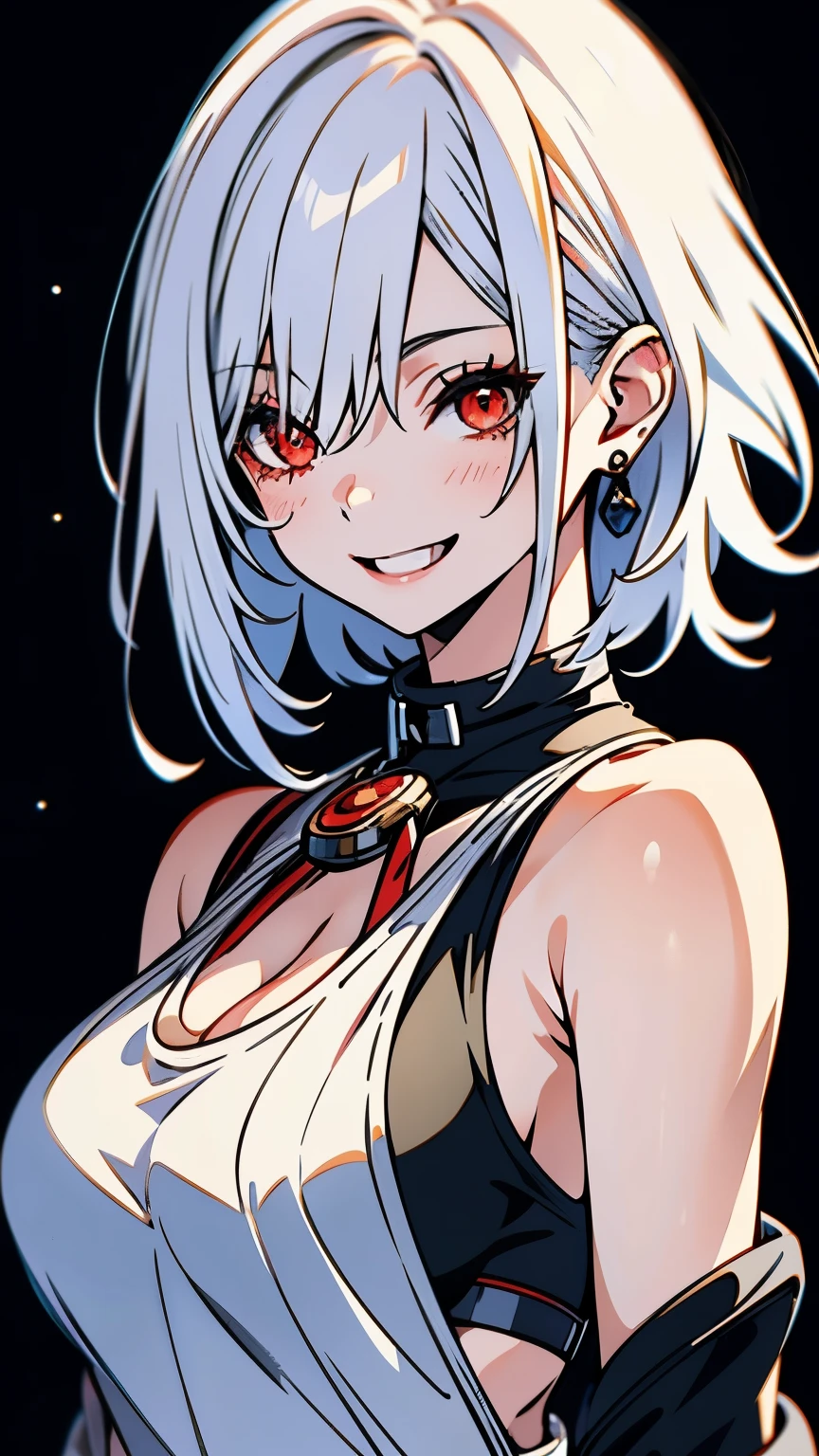 best quality, realistic:1.37, ultra-detailed, an anime girl in the summer, white hair, short hair, tomboy hair, red eyes, detailed eyes, beautiful, smile, laugh, bright smile, charming, black tank top, large breasts