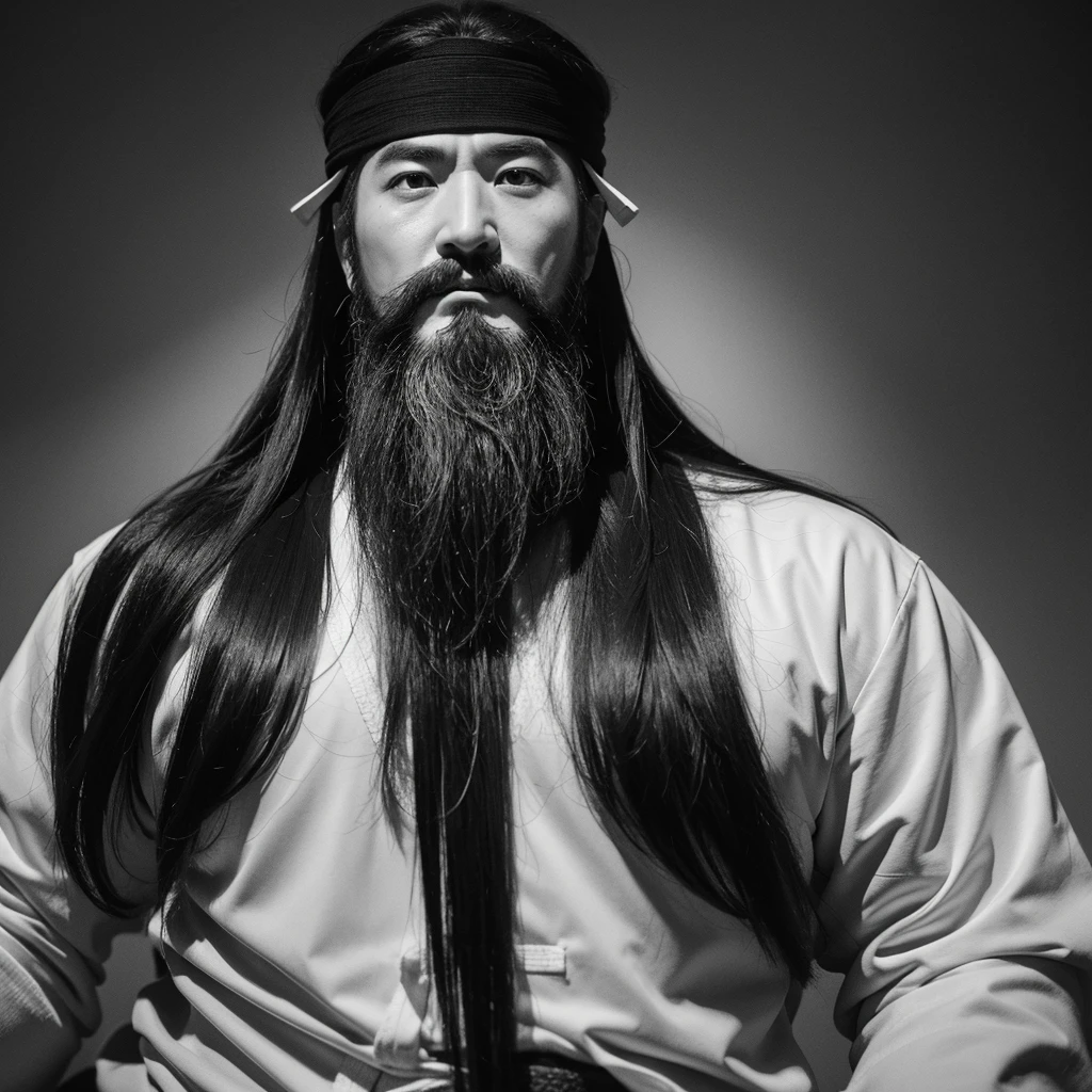 In Chinese mythology, Guan Yu, a god believed to be a martial artist, has a mighty, long beard, proud eyes, looking down on the camera, matching black and white colors, sketching, and fine details --ar 3:4 --style raw --stylize 1000