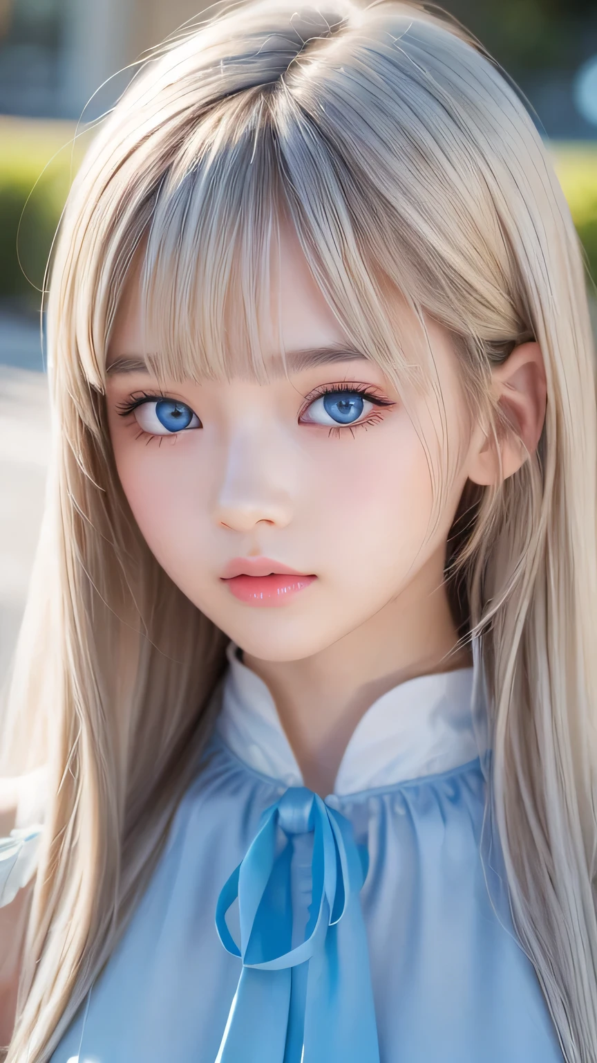 (Close-up:1.4)、(RAW shooting:1.2)、(Photorealistic:1.4)、(masterpiece:1.3)、(Highest quality:1.4)、Bright expression、Very cute beautiful girl、An exceptionally beautiful girl、Cute and beautiful face details、Beautiful Bangs、Radiant, fair, glowing skin、Facial hair、Bangs that reach the face、Bangs between the eyes、Super long hair、Super long, straight, silky hair with a striking platinum blonde hue、Thin Hair、Big, bright, light blue eyes that shine beautifully、one piece、eyeliner、double eyelid、Ample Bust、Upper Body、