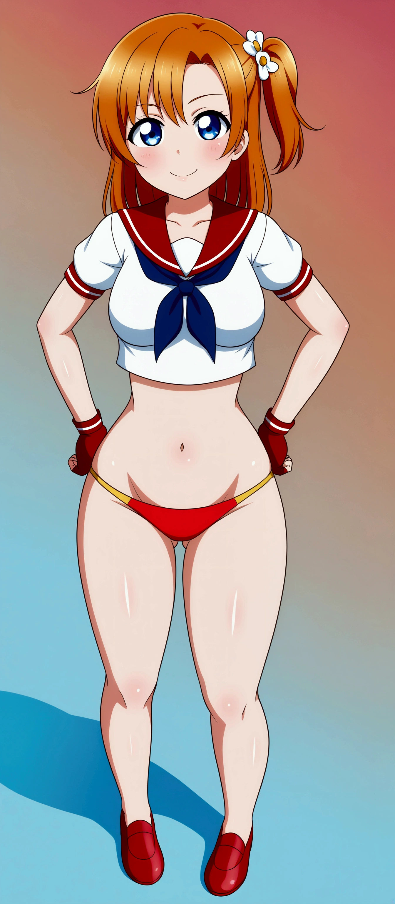 (Masterpiece, Best Quality, High Quality), professional artwork, well drawn, Intricate Details,solo,
Kousaka honoka, blue eyes, orange hair, sailor top, red sports underwear ,red fingerless gloves,red shoes