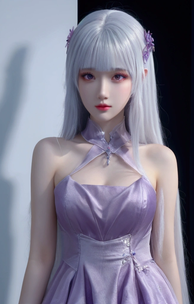 ulzzang-6500-v1.1,(raw photo:1.2),((photorealistic:1.30)), ((best quality)) ,((masterpiece)),((Ultra High Resolution)), ((Clear View)),,Ultra-high resolution,Clear face,(Reality:1.4) , illustration, an extremely delicate and beautiful, extremely detailed ,CG ,unity ,8k wallpaper, Amazing, finely detail, masterpiece,best quality,official art,extremely detailed CG unity 8k wallpaper,absurdres, incredibly absurdres, huge filesize, ultra-detailed, highres, extremely detailed,beautiful detailed girl, extremely detailed eyes and face, beautiful detailed eyes,light on face,cinematic lighting, 1girl, 独奏, long hair, white hair, bangs, hair ornament, purple eyes, dress,