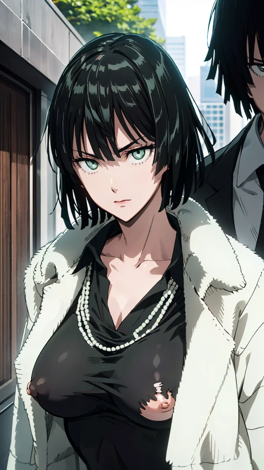 (((pixel-perfect, detail-perfect))), 独奏, 1girl, fubuki, fur coat, collared dress, collarbone, necklace, looking at viewer, closed mouth、Torn clothes、NSFW、 exposed、Nipples、Large areola