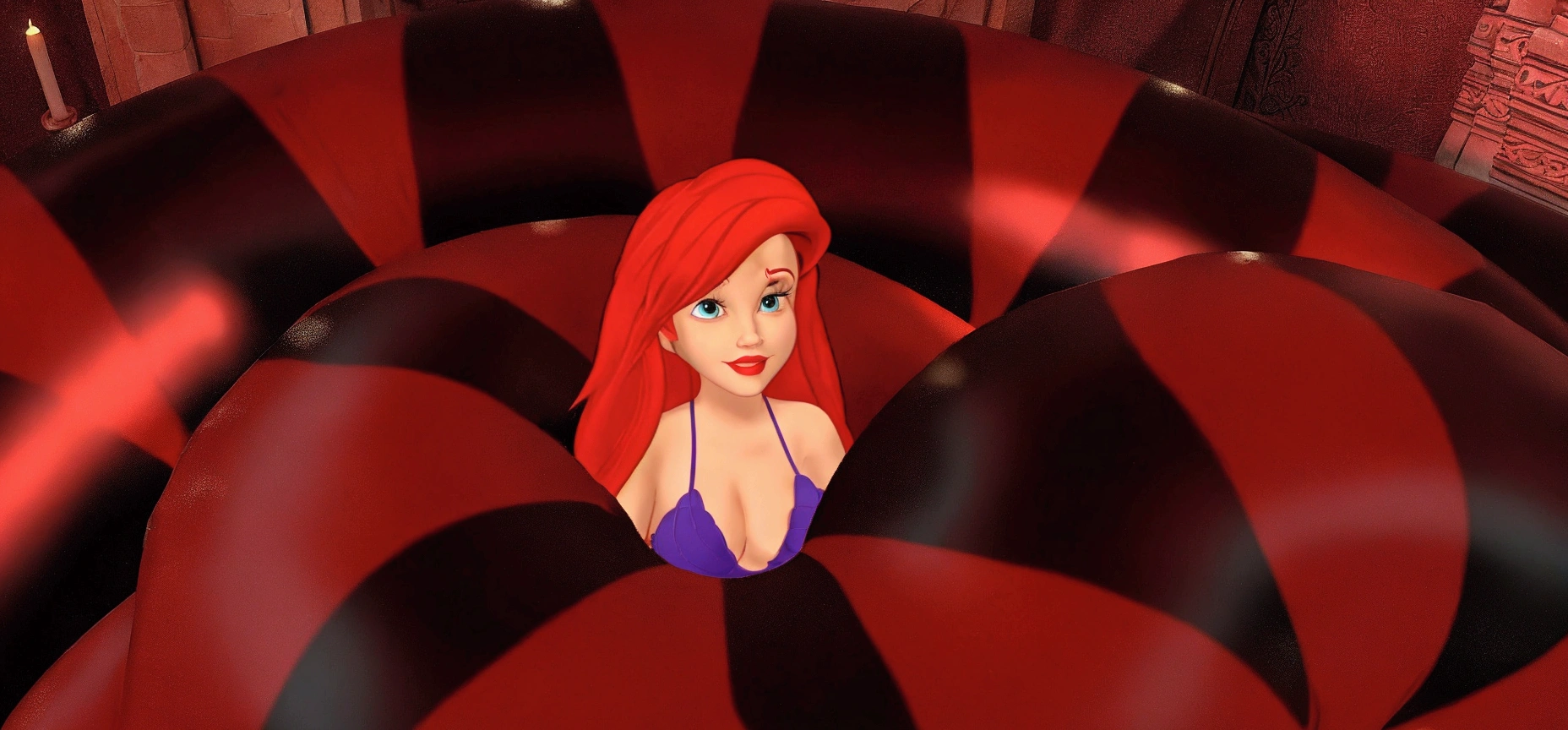 there is a cartoon girl with red hair in a red and black striped room, princess ariel, ariel the little mermaid, little mermaid, the little mermaid, little mermaid magical kingdom, sitting in her throne underwater, jessica rabbit, megara, photorealistic disney, emma watson as jessica rabbit, ariana grande as a mermaid, female disney villain, disney render, by disney