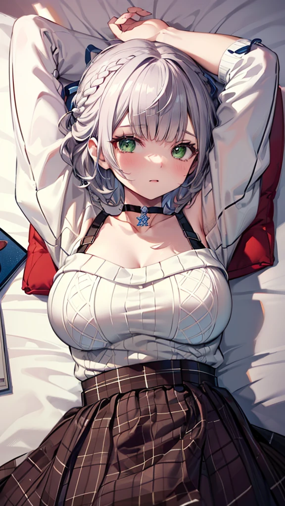 (best quality:1.2), (ultra detailed:1.2),(masterpiece:1.2),(8k:1.2),(ccnoel, short hair, french braid, hair ribbon, green eyes, black choker, collarbone, cleavage, off-shoulder sweater, white sweater, plaid skirt),(Blessed,Captivating body、Ultra-detailed eyes、Ultra-detailed skin、ultra-detailed face,Detailed Background),One Girl、(bedroom,lie down ,arms up:1.5),(Embarrassing:1.5)