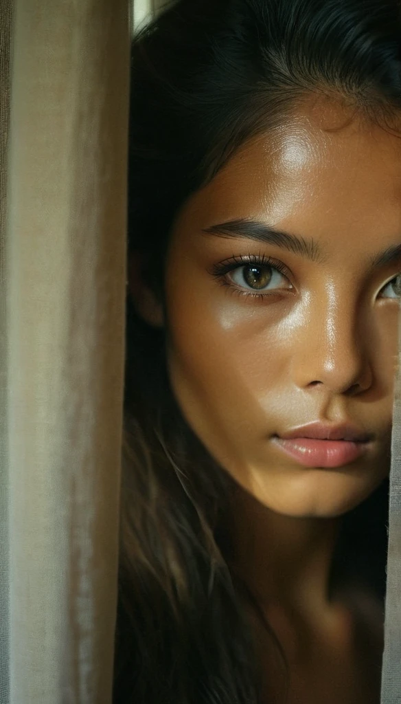 RAW photo, half body shot, filipino, beautiful eyes, masterpiece, peeking from behind curtains, colorful details, award winning, high detailed, 8k, natural lighting, analog film, detailed skin, amazing composition, intricate details, subsurface scattering, velus hairs, amazing textures, filmic, chiaroscuro, soft light