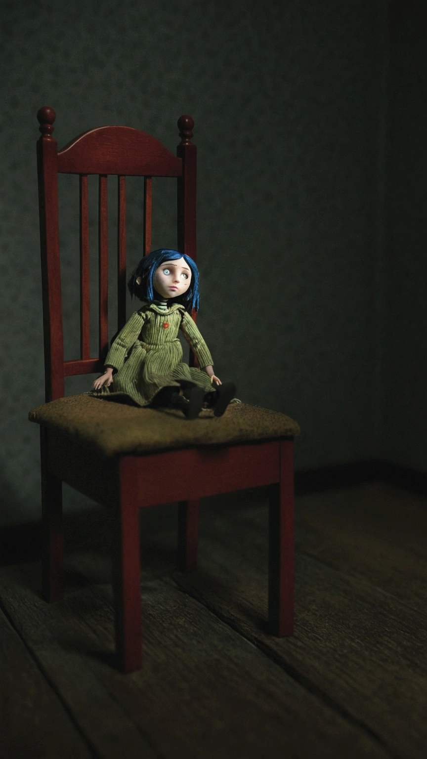 doll based on the movie “coraline”. Scene from horror, doll on a chair, darkness room, fear