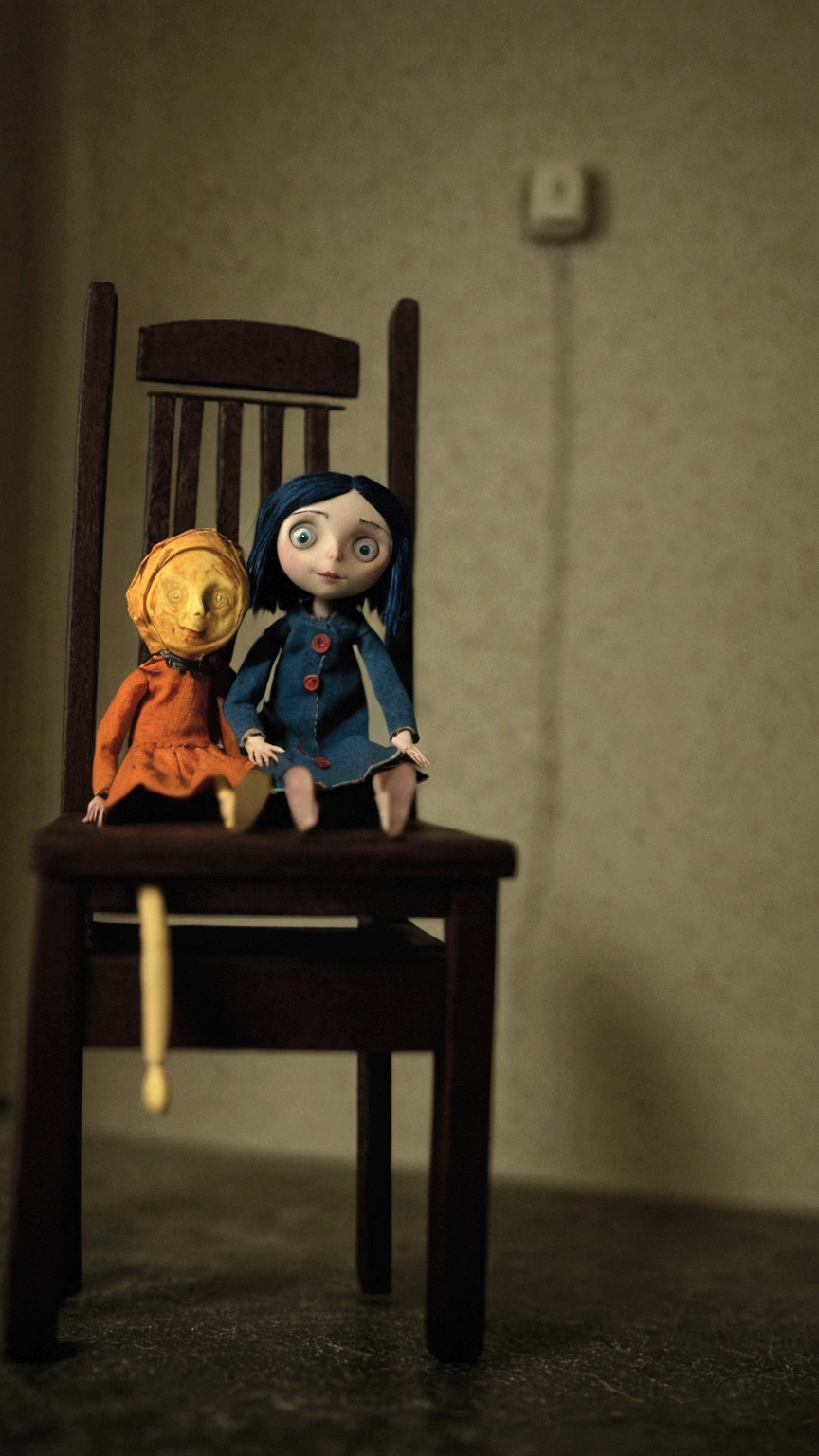 doll based on the movie “coraline”. Scene from horror, doll on a chair, darkness room, fear