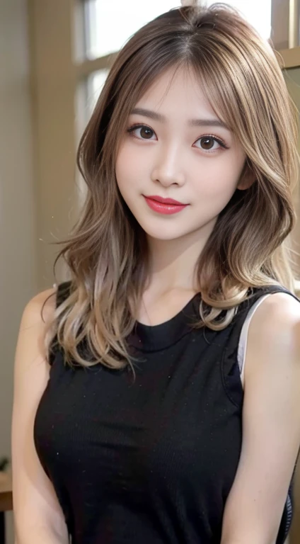 blush a little and smile, (Top quality masterpiece:1.2) Delicate illustrations, Very detailed, /Beautiful Japanese Woman、1 person,Very cute and slim、Great style 、((8k images、super high quality))、Very delicate face, Big Breasts、Skin and Hair、beautifule forehead、Red lipstick、(((((Mid-length hair、Blonde、lure))))),Very cute Japanese cut face、Eyes and nose are clearly visible、Kind eyes,((((Black sleeveless fashion))))