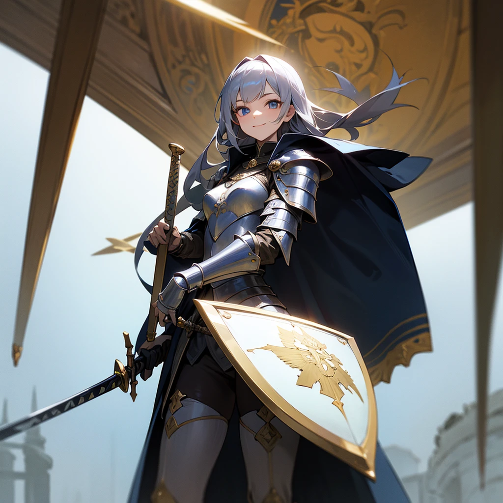 high resolution、Cool Armor、sword、shield、Female warrior in cape。He has a fearless smile。
Sharp Eyes。Standing bravely。Silver image。Medieval European fantasy。