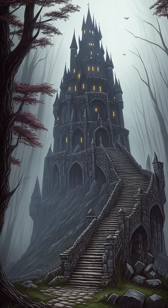 arafed image of a stairway leading to a castle in a dark forest, an ominous fantasy illustration, dark fantasy environment, dark fantasy landscape, dark fantasy background, dark fantasy atmosphere, scary magical background, dark ruins landscape, dark castle background, dark fantasy illustration, dark fantasy artwork, dark fantasy setting, medieval dark fantasy, dark fantasy style art, grimdark matte fantasy painting