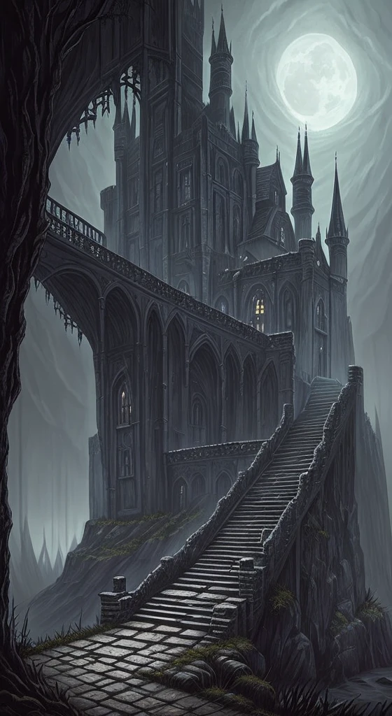 arafed image of a stairway leading to a castle in a dark forest, an ominous fantasy illustration, dark fantasy environment, dark fantasy landscape, dark fantasy background, dark fantasy atmosphere, scary magical background, dark ruins landscape, dark castle background, dark fantasy illustration, dark fantasy artwork, dark fantasy setting, medieval dark fantasy, dark fantasy style art, grimdark matte fantasy painting