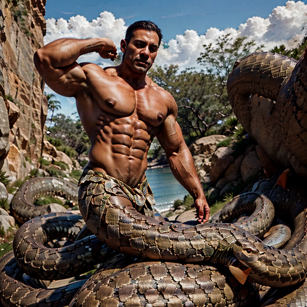 Muscle men, bodybuilder, on rock, naga, snake tail