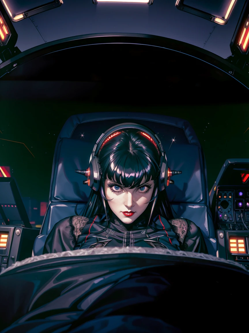 (((gothic vampire piloting) in gothic spacecraft)), (((retro anime))), ((from below)), ((120 fov)), ((((gothic)) control panels)), (((mature))), (((gothic))), (iridescent) bodysuit, ((((lace accessories)))), ((pilot seat)), ((((lying back)) pose)), (((elegant))), (((serious tone))), ((cockpit top control panel)), intricate control panel details, close-up, 1990s (style), masterpiece, ((claustrophobic)), best quality, screens, ((pilot helmet)), night, ((low key light)), (colorful cockpit lights), sparkles, (dramatic lighting), sweat, [blushing], [[pointy ears]], (dark background)