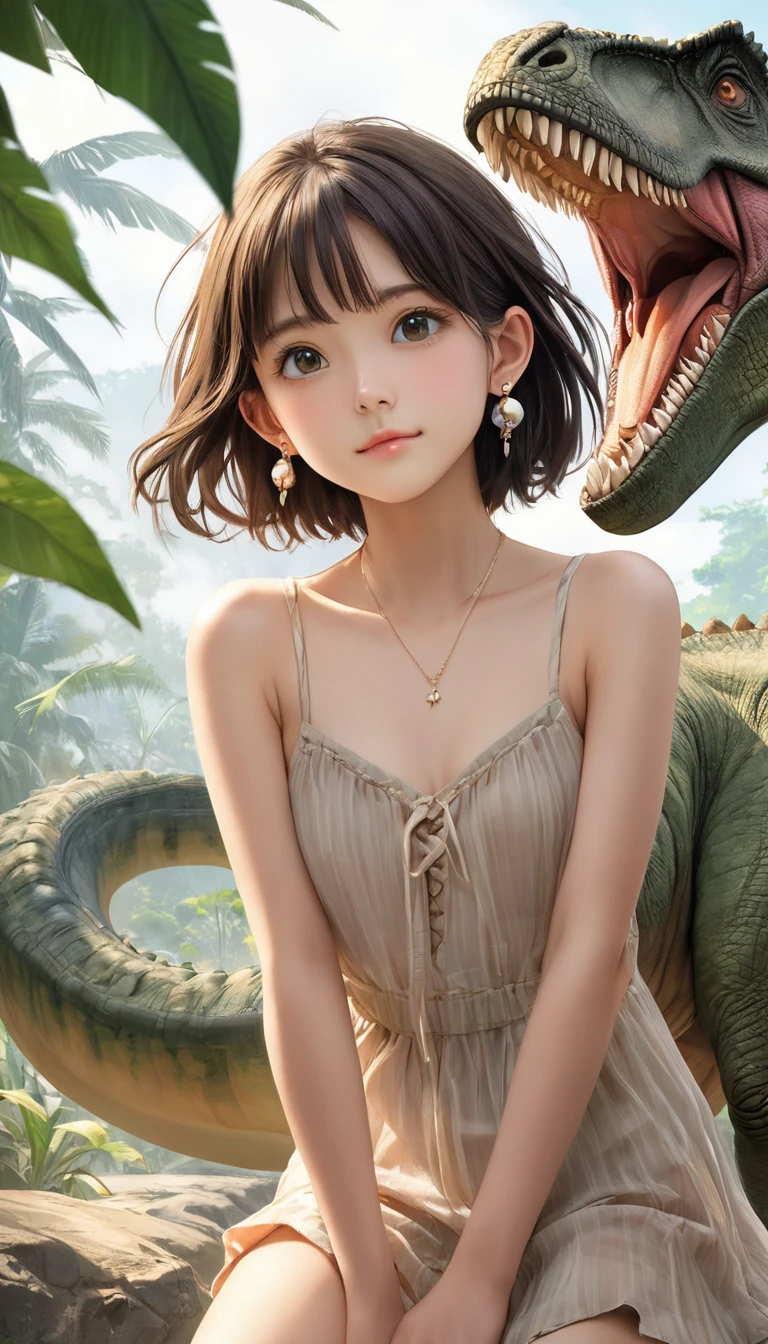 (masterpiece, Highest quality:1.2), One girl, alone,bony body、15 years old、Earrings、Age of the Dinosaurs