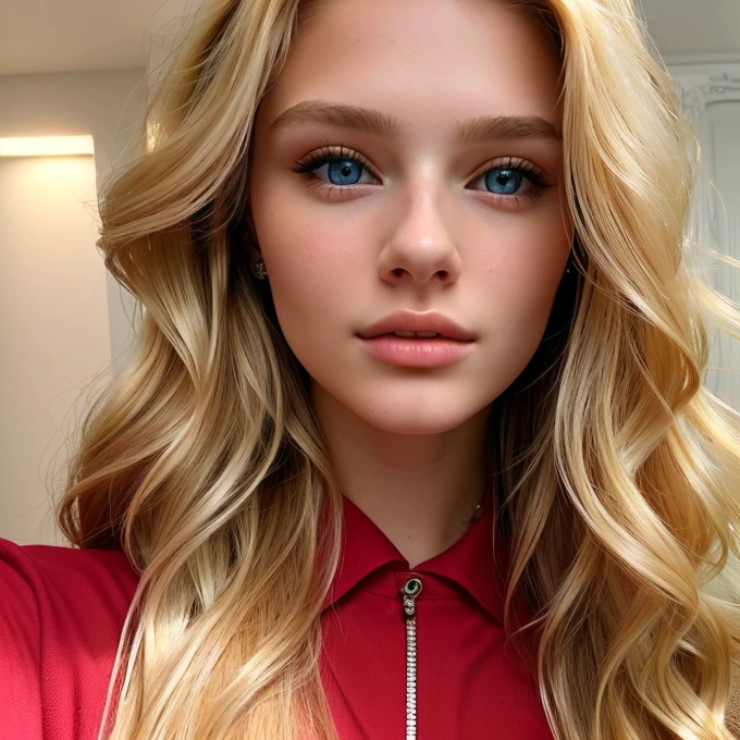 Gorgeous woman with long wavy blonde  hair and a red shirt taking a selfie,blondie, around 1 9 years old, 18 years old, profile image, blue symmetric eyes 17 years old, anastasia ovchinnikova, headshot profile picture, 19-year-old girl,selfie of a young woman