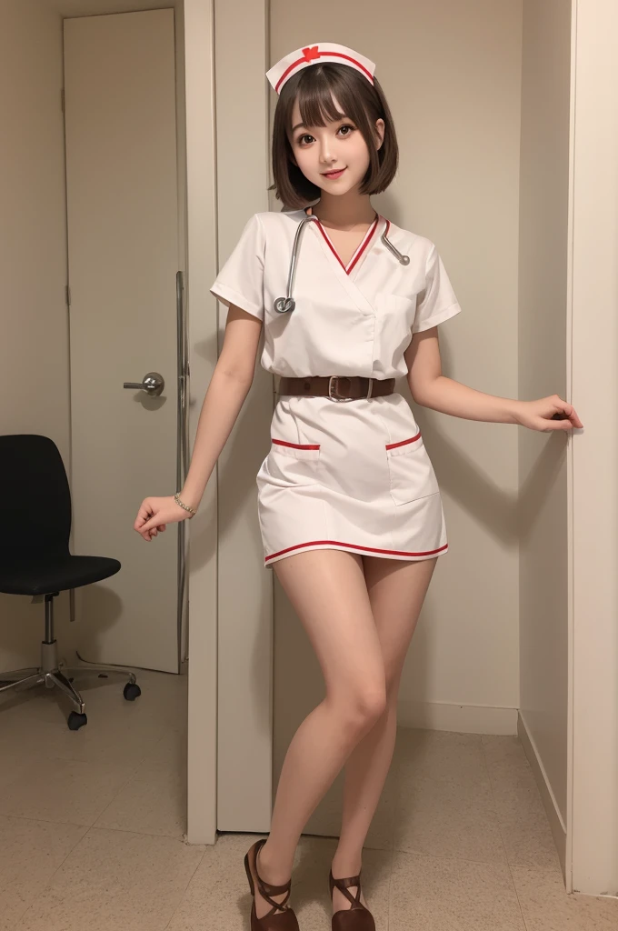 masutepiece, Best quality, One girl, (Beautiful girl:1.3), (18 years old:1.3), Very fine eye clarity, (Symmetrical eyes:1.3), (nurse costume:1.2), Beautiful breasts, Brown eyes, Parted bangs, Brown hair, short skirt, beautiful legs, exposed shoulders, exposed waist, exposed thighs