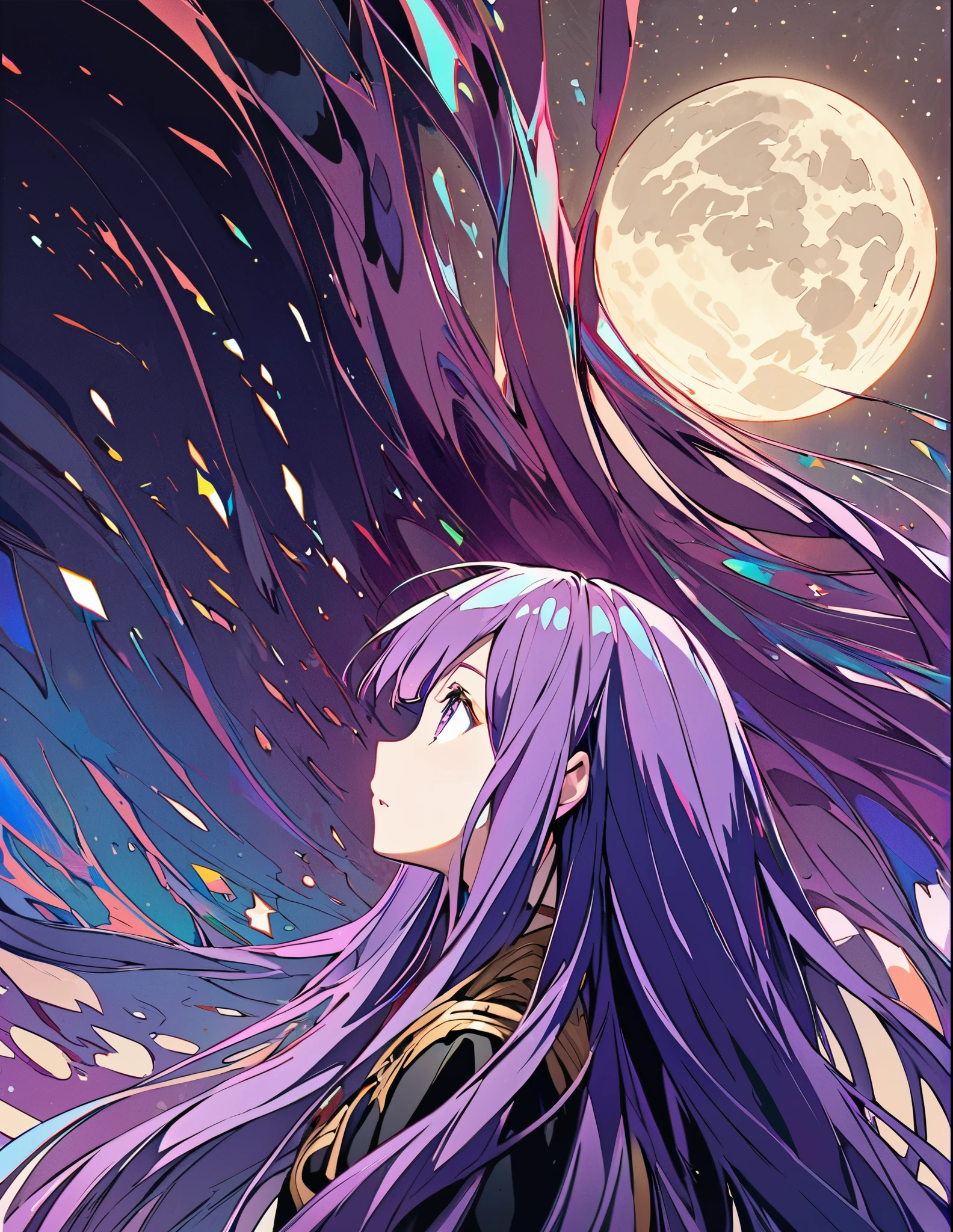 Profile of a brave purple-haired princess girl with long hair, exposed　Screentone processing　Looking up at the moon　Shaded painting style　Abstract Painting　Colorful Processing
