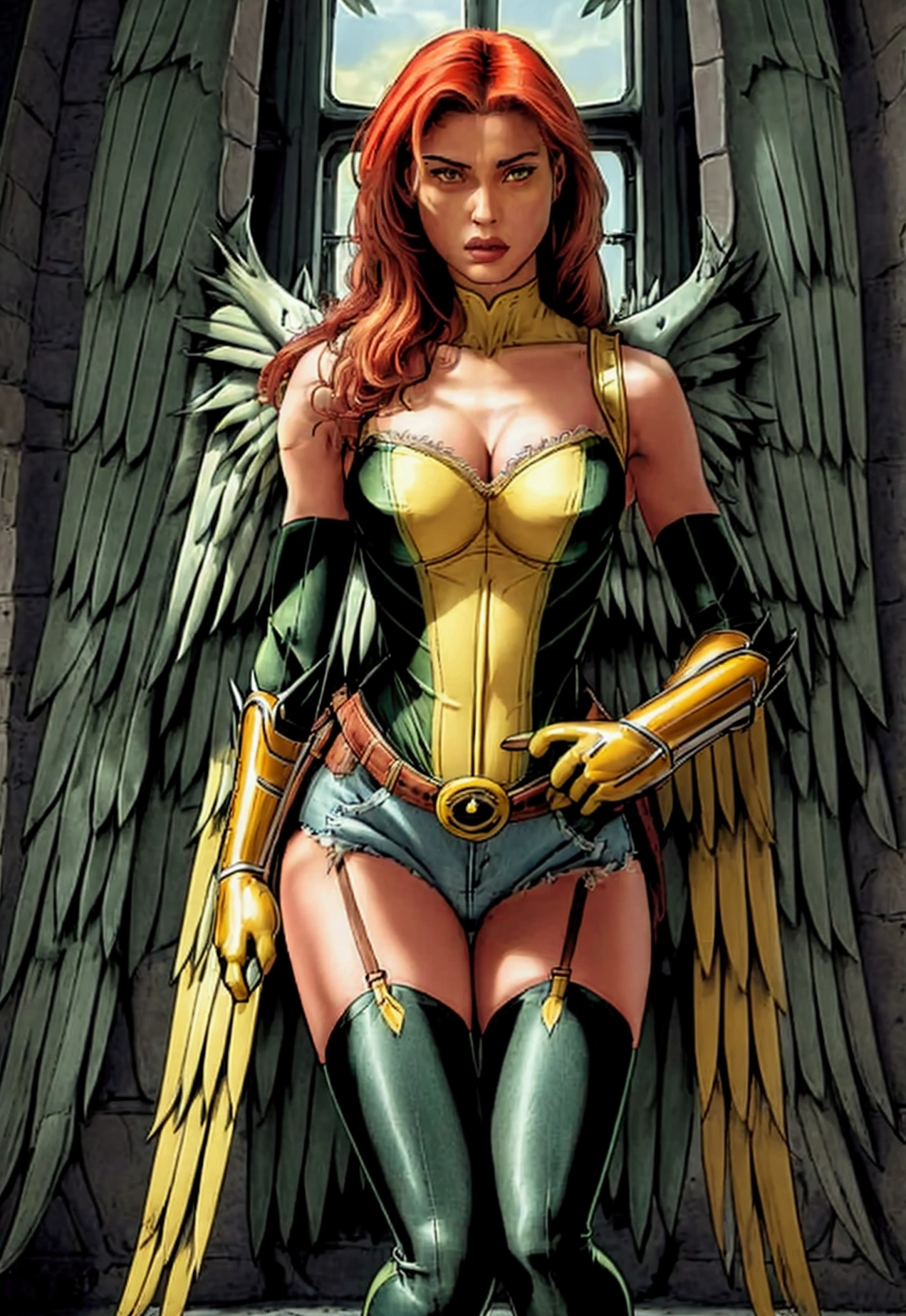 Beautiful and sensual HawkGirl in Green and Yellow gothic warrior. HawkGirl, green shirt with striped sleeves, denim jacket, denim shorts, denim skirt, yellow stockings, green boots, mid riff, yellow gloves, long blonde hair, ,ruanyi0788,garter belt,garter straps,lingerie,latex,underboob,green amd yellow bra,thigh strap, bandeau, harem outfit,detached sleeves, bridal gauntlets, red footwear