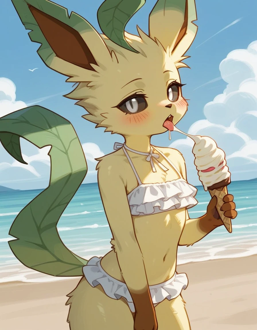 alone, score_9,score_8_up,score_7_up, an anthro furry female leafeon girl, black sclera, white eyes, wearing frilly white bikini, standing, beach background, licking an ice cream, blushing.