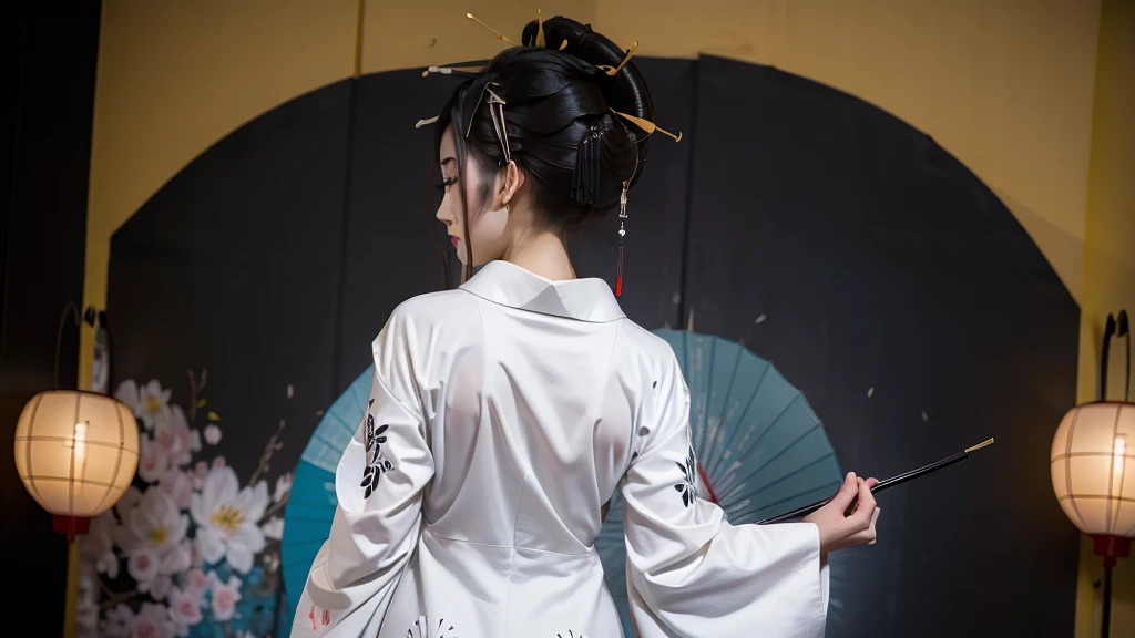 Ink painting,Monochrome,Black and white painting,splash,Oiran,(A kimono with a wide open back collar that allows the back to be seen from the nape of the neck:1.2),(華やかに化粧をしたOiran),(Ornately decorated５Put a big hairpin made of a book in your hair:1.2),Gorgeous Japanese clothing,Large umbrella,Night scenery with lanterns lined up,