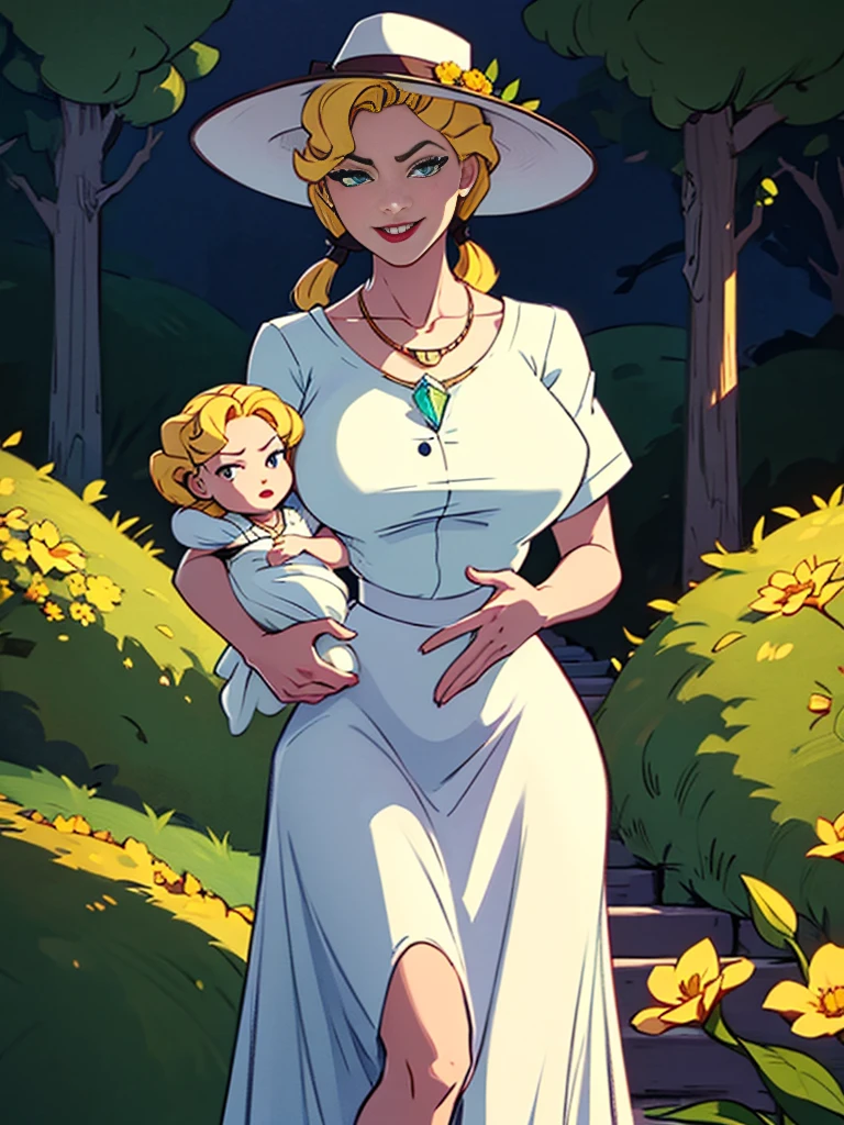 Helga Sinclair, her holding baby girl, Victorian dress, huge breasts, glowing crystal necklace, white top brown skirt, smile, white button blouse, buttons undone, brown hat with yellow flowers, looking at viewer, in park, green hedges, Twin tails