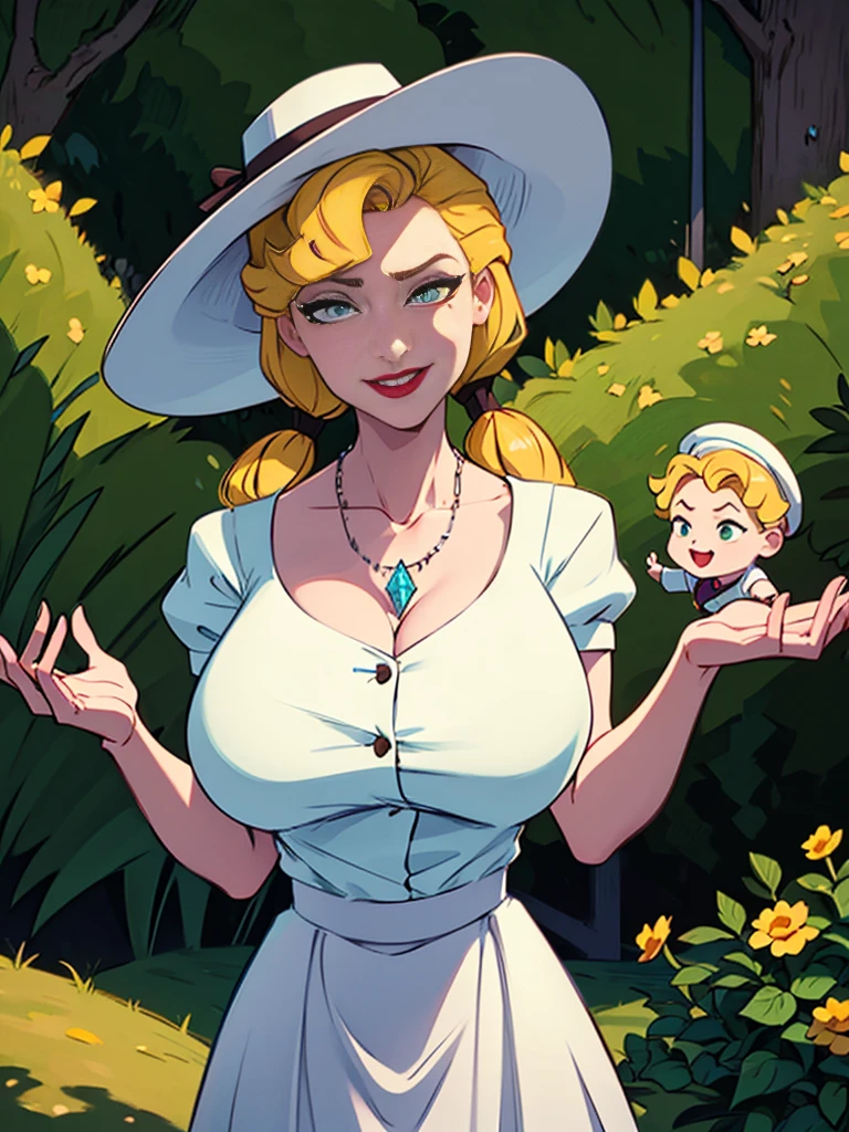 Helga Sinclair, her holding  girl, Victorian dress, huge breasts, glowing crystal necklace, white top brown skirt, smile, white button blouse, buttons undone, brown hat with yellow flowers, looking at viewer, in park, green hedges, Twin tails