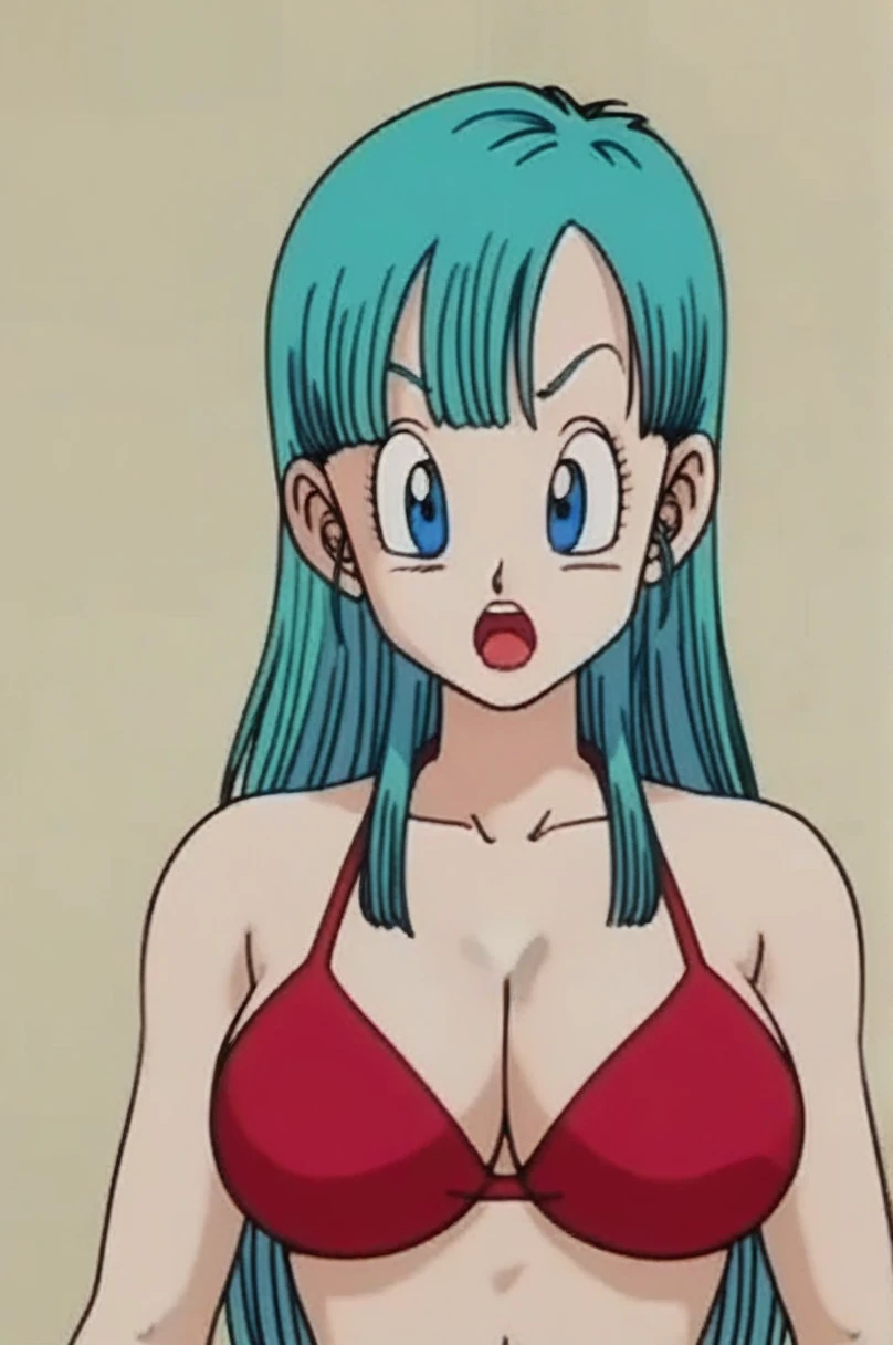 source_anime, score_9, score_8_up, score_7_up, anime screencap, 
bulma \(dragonball\), 1girl, solo, very long hair, looking at viewer, bangs, eyes half closed, red bikini, standing, upper body, moaning, horny facial expression, slutty, sexy, aqua hair, collarbone, arms by side, big breasts,